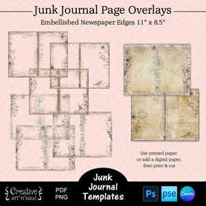 Druckbare Junk Journal Seitenvorlagen, Junk Journal Overlays, verzierte Zeitungskanten 11 "x 8,5", Vorlagen für Canva und Photoshop