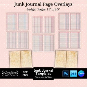 Junk Journal Templates, Page Ledger Lines Overlays 11 "x 8,5", Vorlagen für Canva und Photoshop