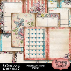May include: Printable junk journal planner pages featuring floral and butterfly designs. The pages are in a vintage style with a pink and white colour scheme. The text "Scrappy Garden" is at the bottom of the page.