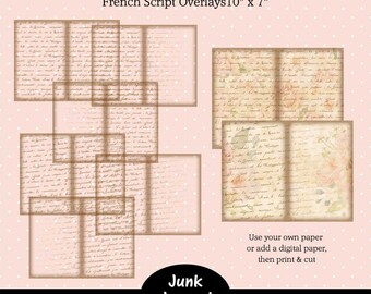 Printable Junk Journal Template,  Junk Journal Page Overlays, French Script Page Overlays, 10" x 7"