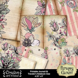 Printable Traveler's Notebook Junk Journal Kit , Printable Journal Pages, Scrappy Garden