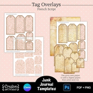 Modelos de tags de diário de lixo para impressão, sobreposições de tags de diário de lixo em vários tamanhos, sobreposição de script francês, modelos para Canva e Photoshop