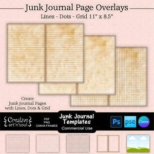 Junk Journal Templates,  Junk Journal Page Overlays 11"x8.5", Lines - Dots - Grid, Templates for Photoshop or Canva