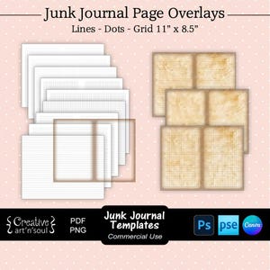Junk Journal Templates,  Junk Journal Page Overlays 11"x8.5", Lines - Dots - Grid, Templates for Canva and Photoshop