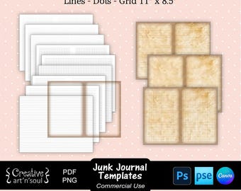 Junk Journal Templates,  Junk Journal Page Overlays 11"x8.5", Lines - Dots - Grid, Templates for Canva and Photoshop