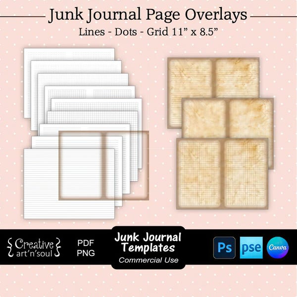 Junk Journal Templates,  Junk Journal Page Overlays 11"x8.5", Lines - Dots - Grid, Templates for Photoshop or Canva