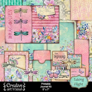 Kit imprimible para diario basura: ¡A volar! Incluye páginas, tarjetas, etiquetas y otros elementos decorativos. Descarga digital.