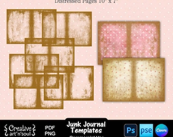 Junk Journal Templates,  Distressed Page Overlays 10" x 7", Templates for Canva and Photoshop