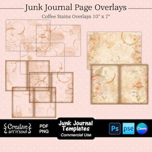 Junk Journal Templates,  Page Overlays Coffee Stains 10" x 7", Templates for Canva and Photoshop