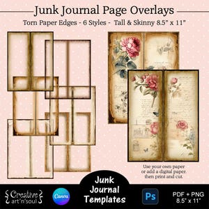Modelli di pagine di Junk Journal, bordi di pagina alti e sottili, bordi di carta strappati, sovrapposizioni di pagine di Junk Journal