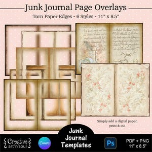 Modelli di pagine di Junk Journal stampabili, sovrapposizioni di Junk Journal, bordi di pagina con bordi di carta strappati 11"x8,5", modelli per Photoshop o Canva