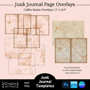 Printable Junk Journal Page Templates,  Junk Journal Page Overlay, Coffee Stains Page Overlays 11&quot; x 8.5&quot;, Templates for Canva and Photoshop