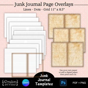 Modelli di pagine a righe stampabili per Junk Journal, sovrapposizioni di pagine Junk Journal 11"x8,5", linee - punti - griglia, modelli per Canva e Photoshop