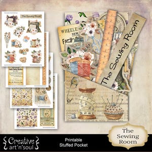 Printable Junk Journal Stuffed Pockets The Sewing Room, Printable Ephemera, Printable Fussycuts, Digital Download