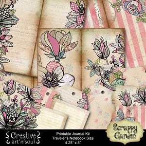 Printable Traveler's Notebook Junk Journal Kit Scrappy Garden, Printable Journal Pages Cards Tags, Digital Download