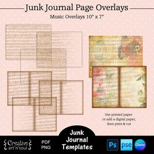 Printable Junk Journal Page Templates,  Junk Journal Music Page Overlays 10&quot; x 7&quot;, Templates for Canva and Photoshop