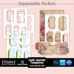 Junk Journal Templates, Printable Expandable Pockets, Templates for Photoshop and Canva
