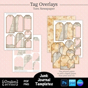 Modelli di tag per diario spazzatura stampabili, sovrapposizioni di tag per diario spazzatura di varie dimensioni, sovrapposizione di giornale strappato, modelli per Canva e Photoshop