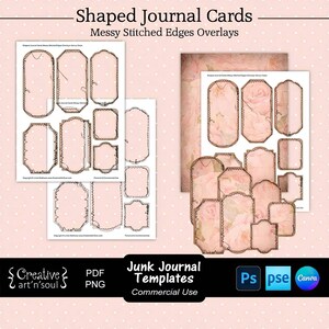 Junk Journal Templates, Shaped Journal Cards with Messy Stitched Edges Overlay, Templates for Photoshop or Canva