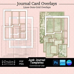 Junk Journal Templates, Printable Journal Cards with Lines-Dots-Grid Overlays, Templates for Canva and Photoshop