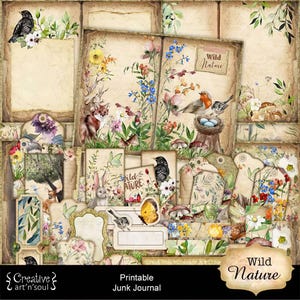 Zestaw do druku Junk Journal Wild Nature, strony do druku, karty, tagi, efemerydy, pobieranie cyfrowe