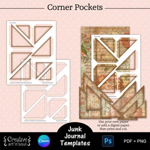 印刷可能なジャンク ジャーナル ポケット テンプレート、ジャンク ジャーナル コーナー ポケット、Canva および Photoshop 用テンプレート