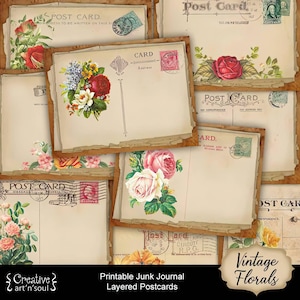 Vintage Florals Printable Layered Postcards, Junk Journal Ephemera, Digital Download