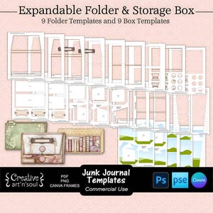 Junk-Journal-Vorlagen, erweiterbare Ordner, Trennblätter und Aufbewahrungsbox, Vorlagen für Photoshop oder Canva