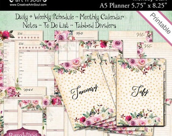 Undated Printable Planner Bundle Size A5, Sunday Start, Rambling Rose