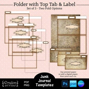 Printable Junk Journal Folder Templates,  Junk Journal Folder with Top Tab and Label, Templates for Canva and Photoshop