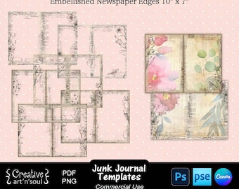 Junk Journal Templates, Page Overlays Embellished Newspaper 10" x 7", Templates for Canva and Photoshop