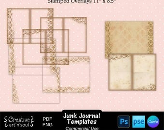 Junk Journal Templates, Stamped Page Overlays 11" x 8.5", Templates for Canva and Photoshop