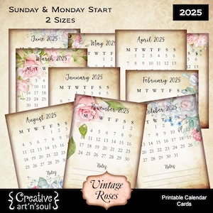 Druckbare Kalender Karten 2025, Junk Journal Karten, Größen 3"x4" + 4"x5", Sonntag + Montag Start, digitaler Download."