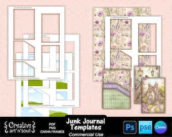 Sjablonen voor een junk journal, printbare set met dubbele vakjes en kaarten, sjablonen voor Photoshop en Canva