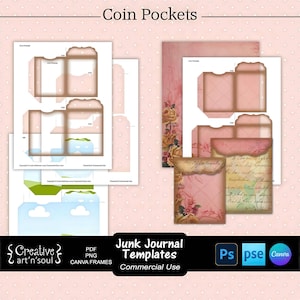 Junk Journal Templates,  Printable Coin Pockets, Templates for Photoshop adn Canva