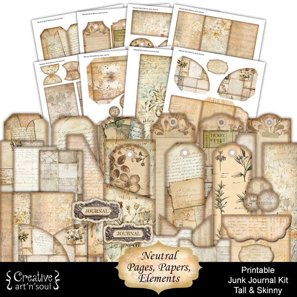 Printable Tall and Skinny Junk Journal Kit, Neutral Vintage Pages ...