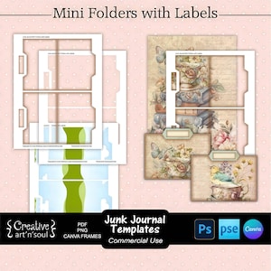 Modelos para Junk Journal, Mini Pastas com Etiquetas, Modelos para Photoshop ou Canva