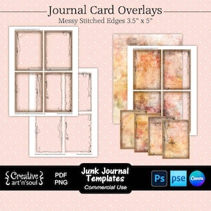 Plantillas para diarios de recortes, tarjetas imprimibles con bordes cosidos irregulares (3,5" x 5"), plantillas para Canva y Photoshop.