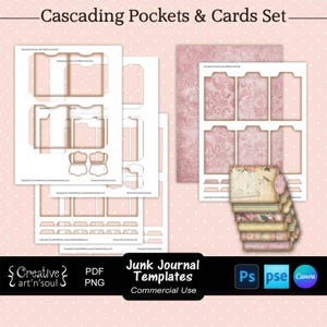 Junk Journal Templates, Cascading Pockets and Cards Set, Templates for Canva and Photoshop