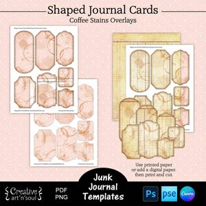 Modelos de cartões de diário de lixo para impressão, cartões de diário de lixo em formato com sobreposições de manchas de café, modelos para Canva ou Photoshop