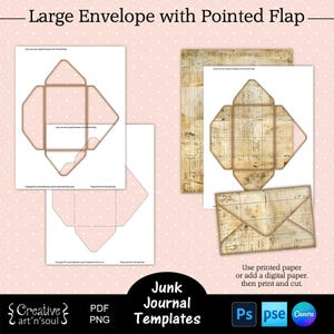 Druckbare Junk Journal Umschlag Vorlagen, großer Umschlag mit spitzer Klappe, Vorlagen für Canva und Photoshop