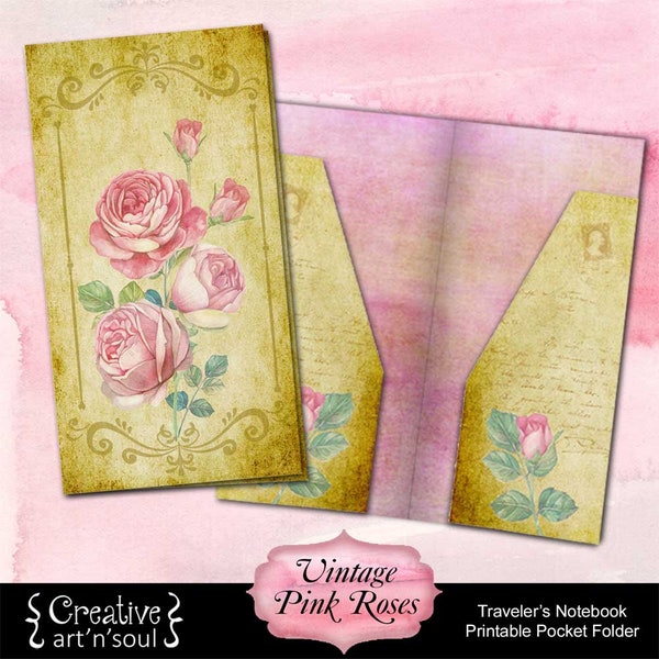 Printable Traveler's Notebook Pocket Folder, Vintage Pink Roses