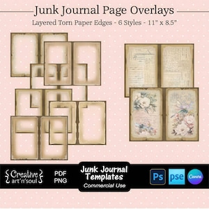 Junk Journal Templates, Page Borders with Layered Torn Paper Edges 11" x 8.5", Templates for Photoshop or Canva