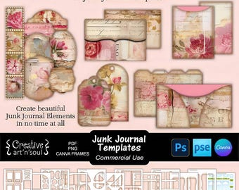 Pacchetto di modelli per junk journal, elementi decorativi e forme, modelli per Photoshop e Canva