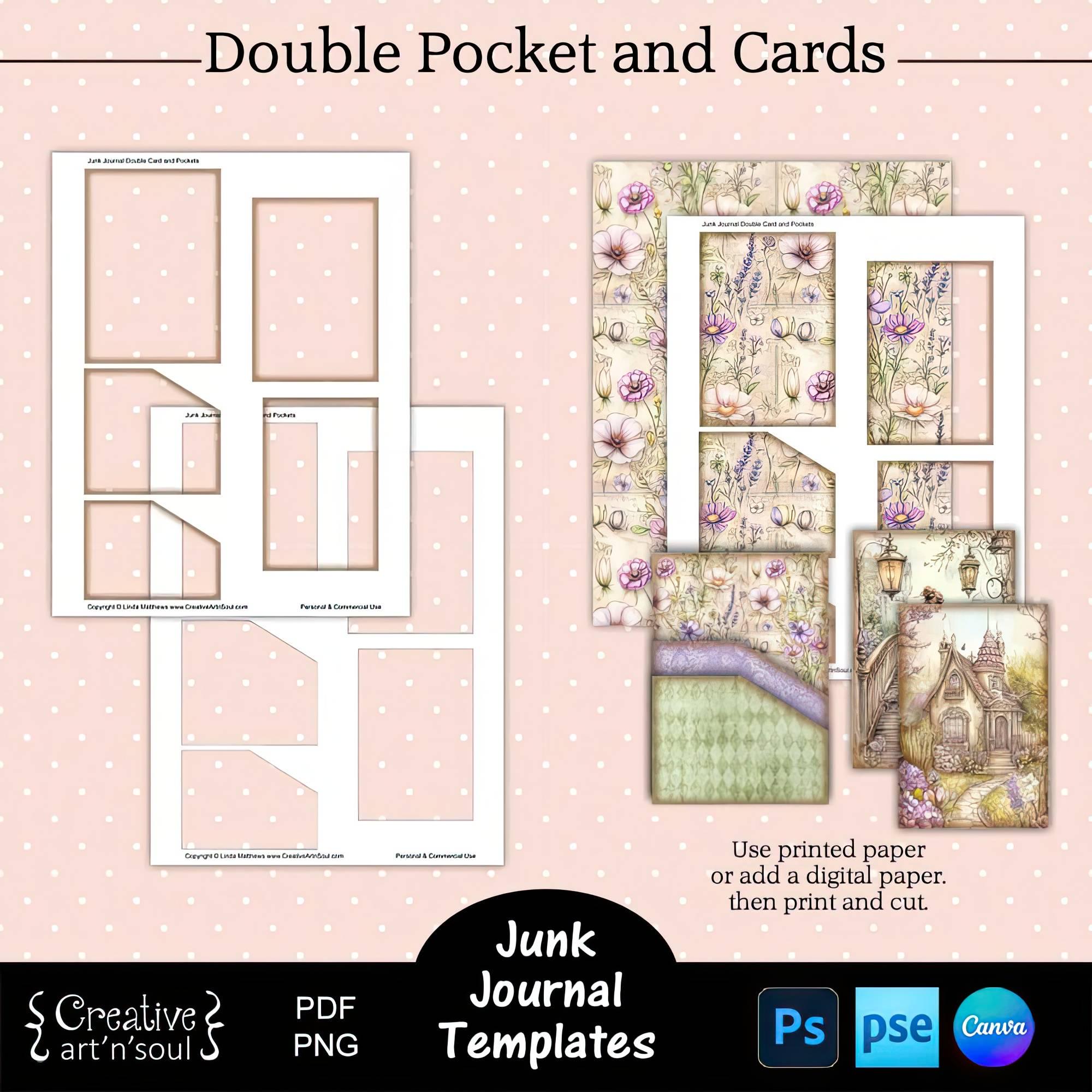Printable Junk Journal Double Pocket and Cards Templates, Templates for Canva and Photoshop