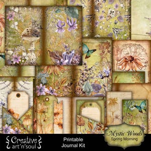 Zestaw do druku Junk Journal Mystic Woods Spring Morning, Junk Journal Nature Journal, Wydrukowane karty Tagi Ephemera, Pobieranie cyfrowe