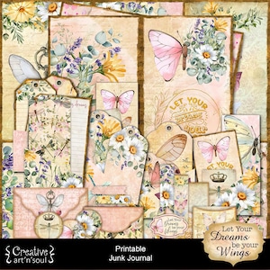 Printable Junk Journal Kit Let Your Dreams Be Your Wings, Printable Pages and Ephemera, Digital Download