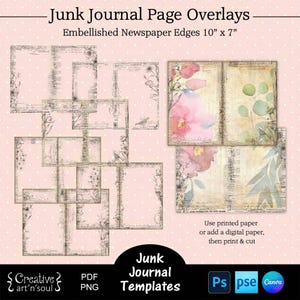 Printable Junk Journal Page Templates,  Junk Journal Page Overlays Embellished Newspaper 10&quot; x 7&quot;, Templates for Canva and Photoshop
