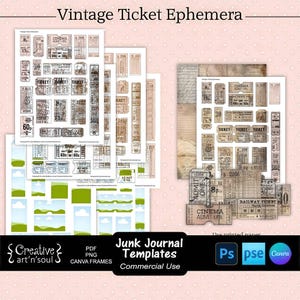 Junk Journal Templates, Printable Vintage Ticket Ephemera, Templates for Photoshop and Canva
