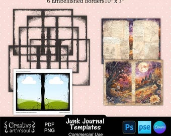 Junk Journal Templates, Embellished Page Borders 10"x7", Templates for Canva and Photoshop